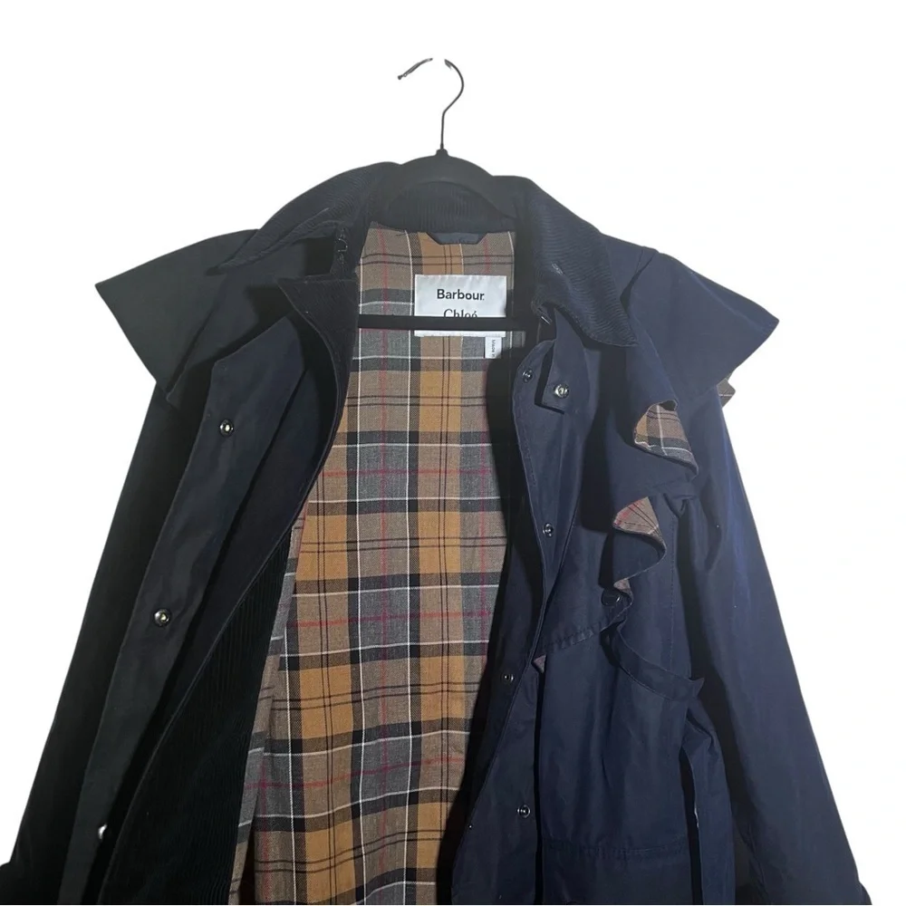 Barbour x Chloé Navy Blue Dany Dani Ruffled Waxed Trench Coat Chloe US 2 - Picture 8 of 16